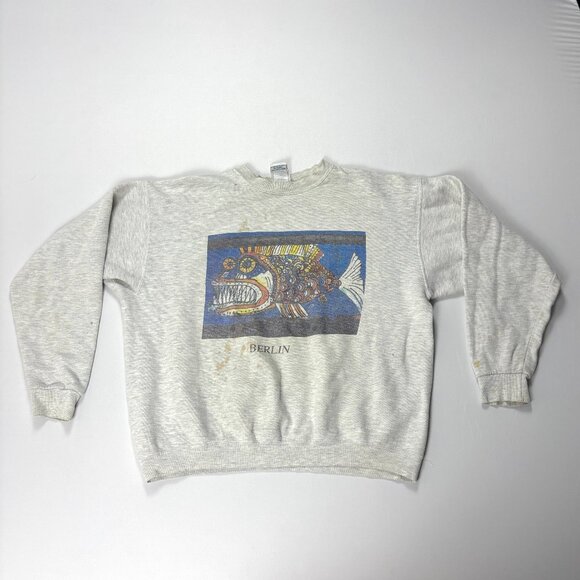 Vintage Berlin Crewneck Sweatshirt Gray Sz XL Hanes Fish Art Thrashed Distressed - Picture 1 of 10